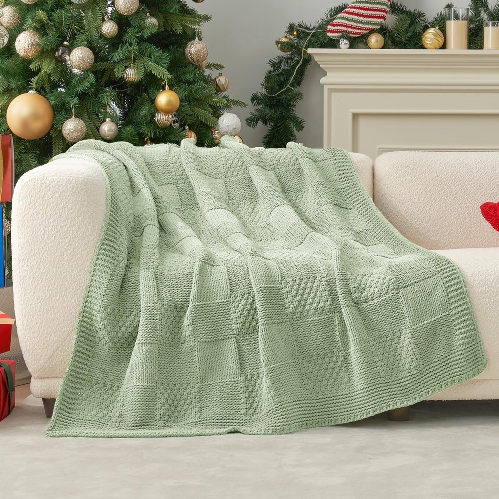 Amélie Home Chenille Knit Throw Blanket for Couch, Checkered Texture Decora
