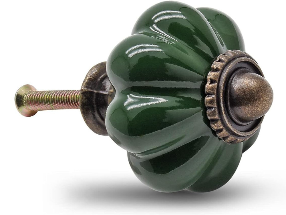 4; DARK GREEN GLASS Cabinet Drawer Knobs Depression Antique Brass Hardware