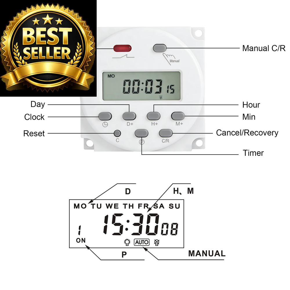 Weasch Timer Switch, CN101A, DC/AC 12V 16Amp, Digital LCD Power Gray