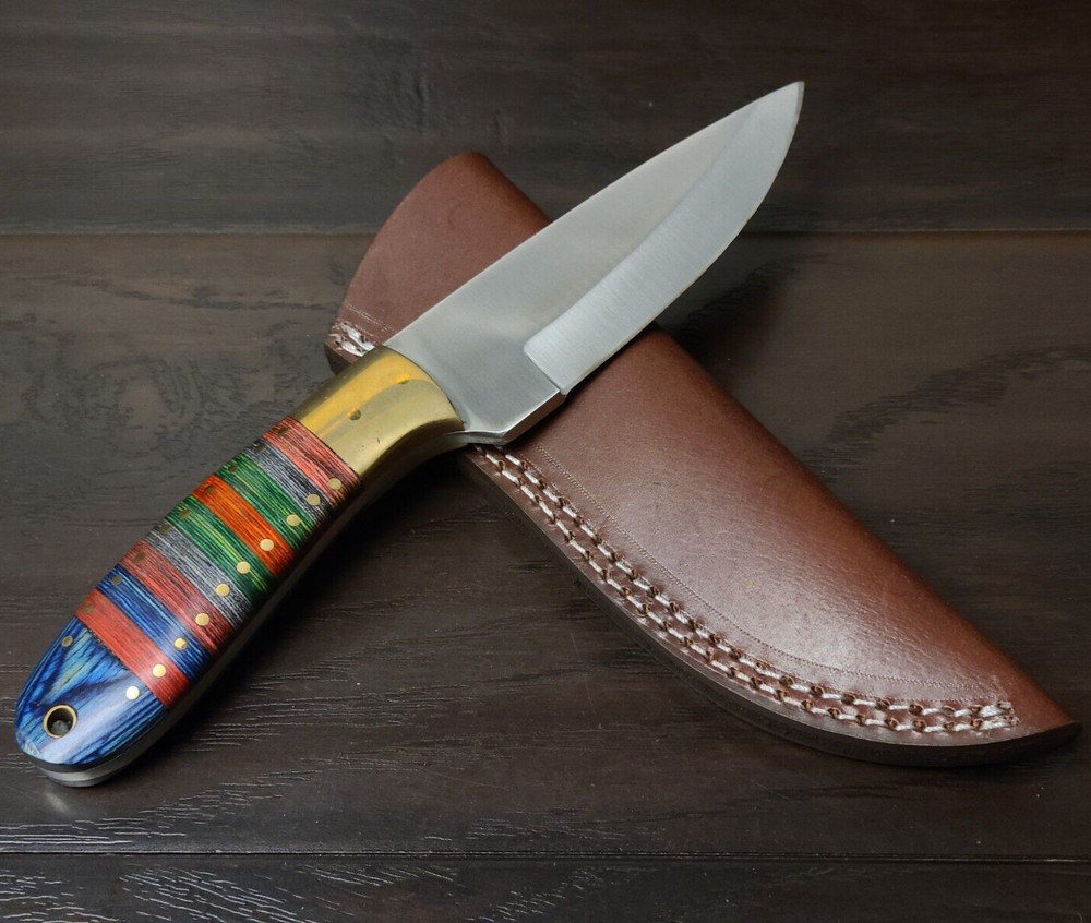 Pakistani Multi-Colored Handle Fixed Blade Knife 4.75" w/ Leather Sheath