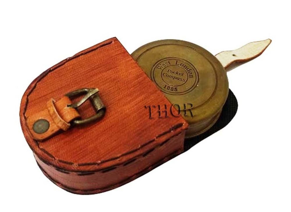 Authentic Vintage Style Brass Pocket Compass with Leather Case Rustic Vintage...