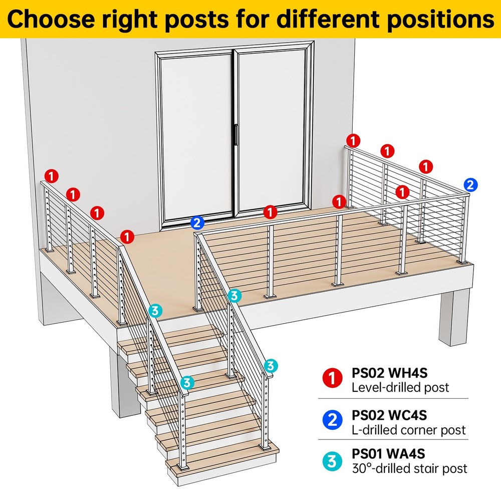 Muzata 36"x2"x2" T-Corner Cable Railing Post White Flat Top Square Post PS02