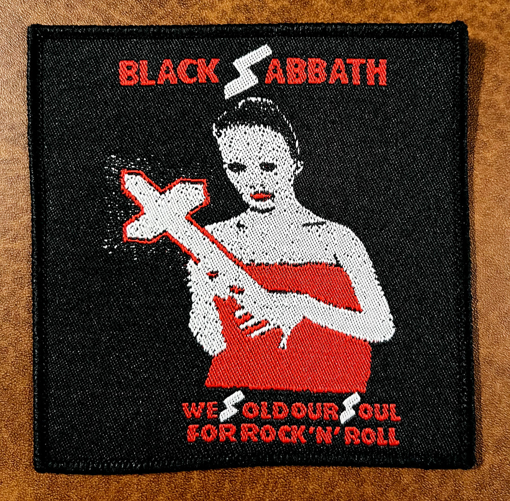 BLACK SABBATH, WE SOLD OUR SOUL FOR ROCK 'N' ROLL BLACK BORDER WOVEN PATCH