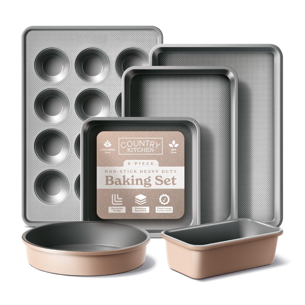 Country Kitchen Nonstick Stackable Bakeware Set - Durable, Easy 6 Pcs, Taupe