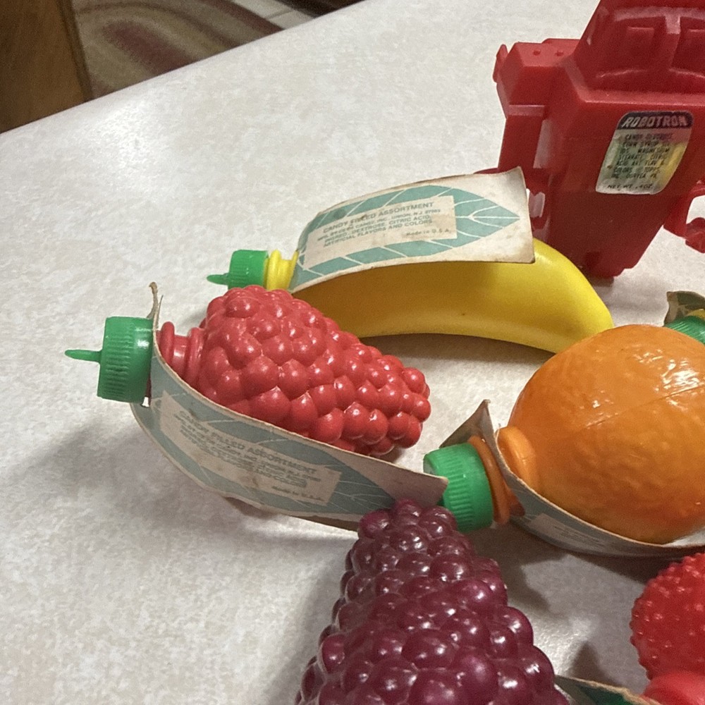 Vintage Candy Containers Fruit Shaped Robot-Candy Containers W/ Leaf Labels New