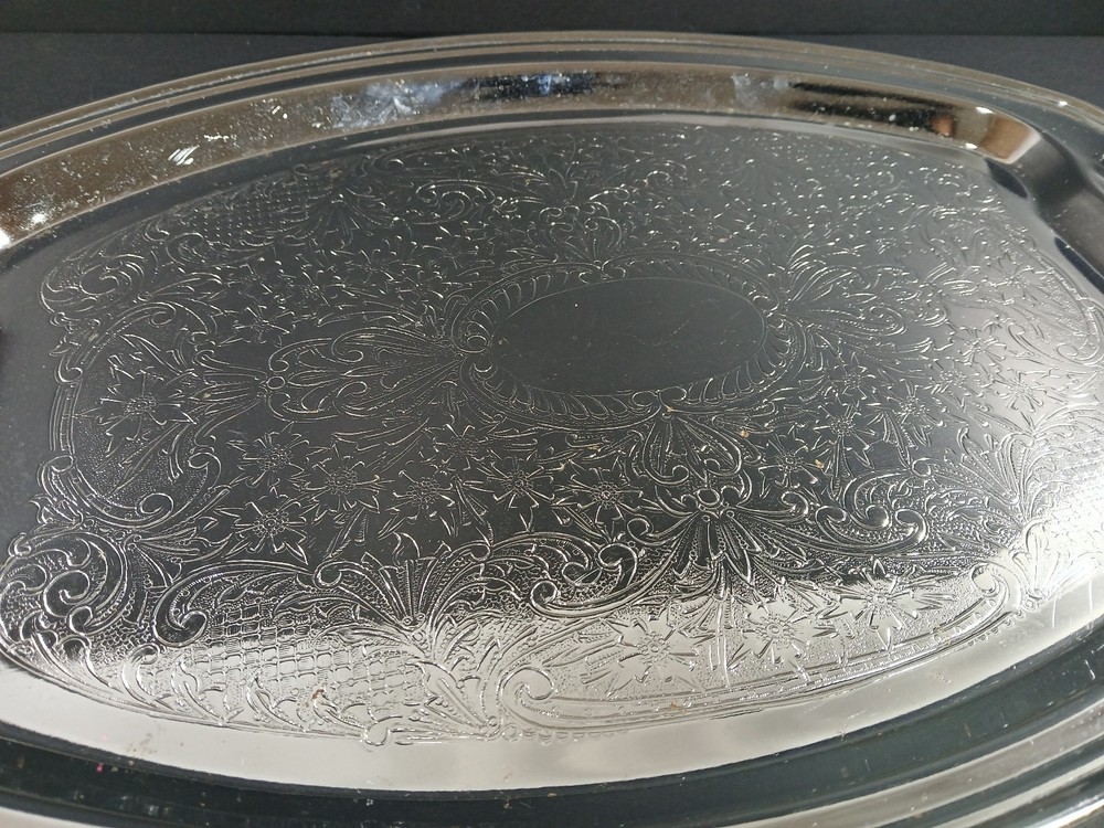 Vintage Chrome-plated Oval Serving Tray w/ Decorative Engraved Ornate Detailing
