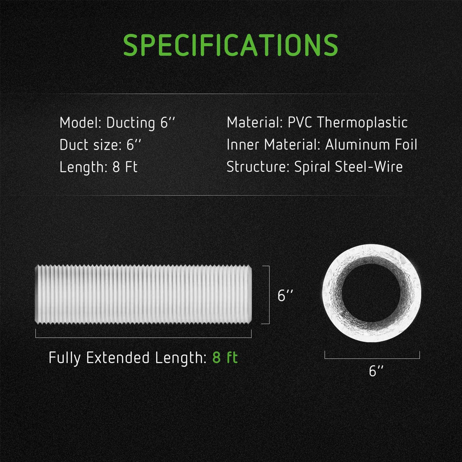 VIVOSUN 6" 8Ft Non-Insulated Flex Air Aluminum Ducting for HVAC Ventilation
