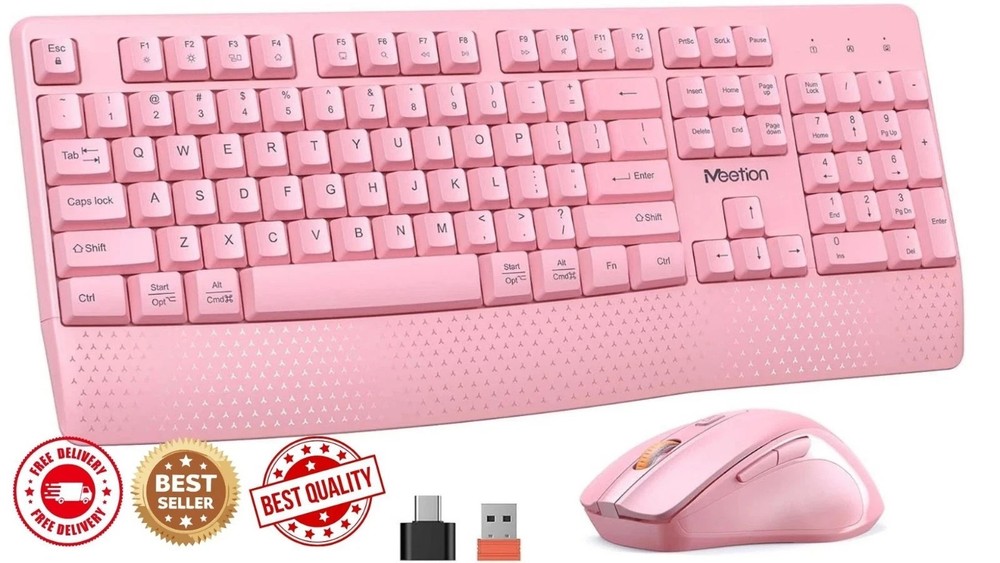 MEETION  Wireless Keyboard Mouse Set Full-Sized Cordless 3 DPI Adjustable Pink