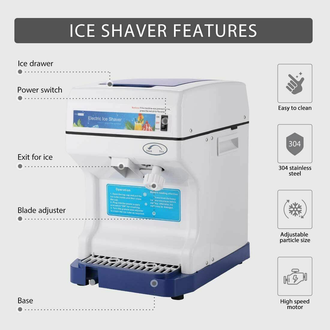 Electric Ice Crusher Shaver Shaving Snow Cone Maker Machine 265lbs/hr Commercia