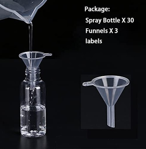 Refillable Mini 30ml Plastic Spray Bottles with Funnels & Labels - 30 Pack