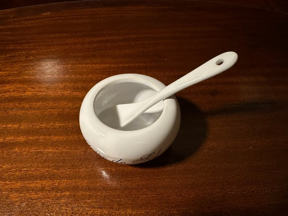 Fleur de Sel Ceramic Salt Cellar w Spoon White Blue Script