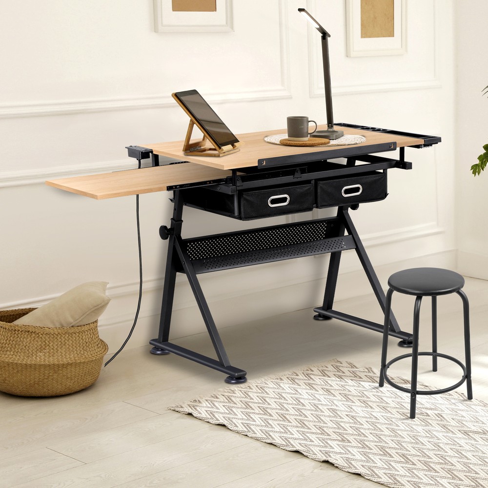 Drafting Table Drawing Adjustable Craft Desk Tabletop w/Stool & Drawers Natural