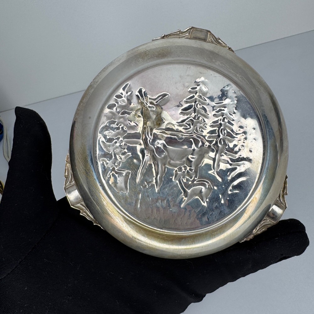 Vintage Solid 830 Silver Ashtray – 57.6g Scandinavian Deer Forest Design