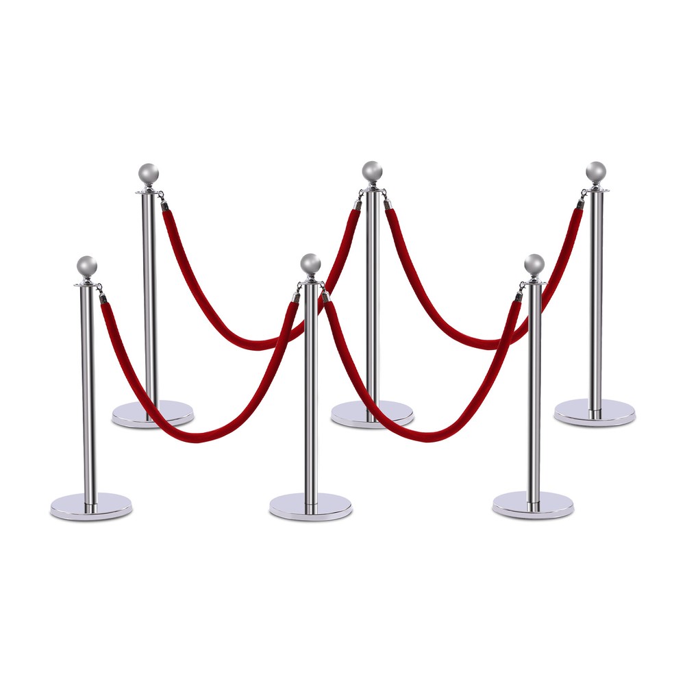 6Pcs Silver Stanchion Posts Queue Crowd Control Barriers Set+5ft Red Velvet Rope