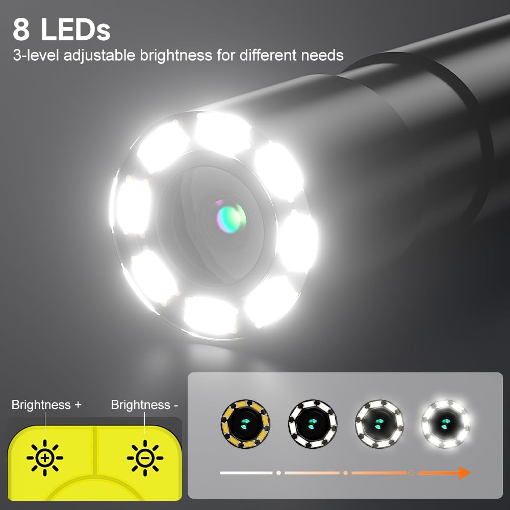 Borescope Camera with Light, 1080P HD Endoscope 8 Adjustable LEDs, black