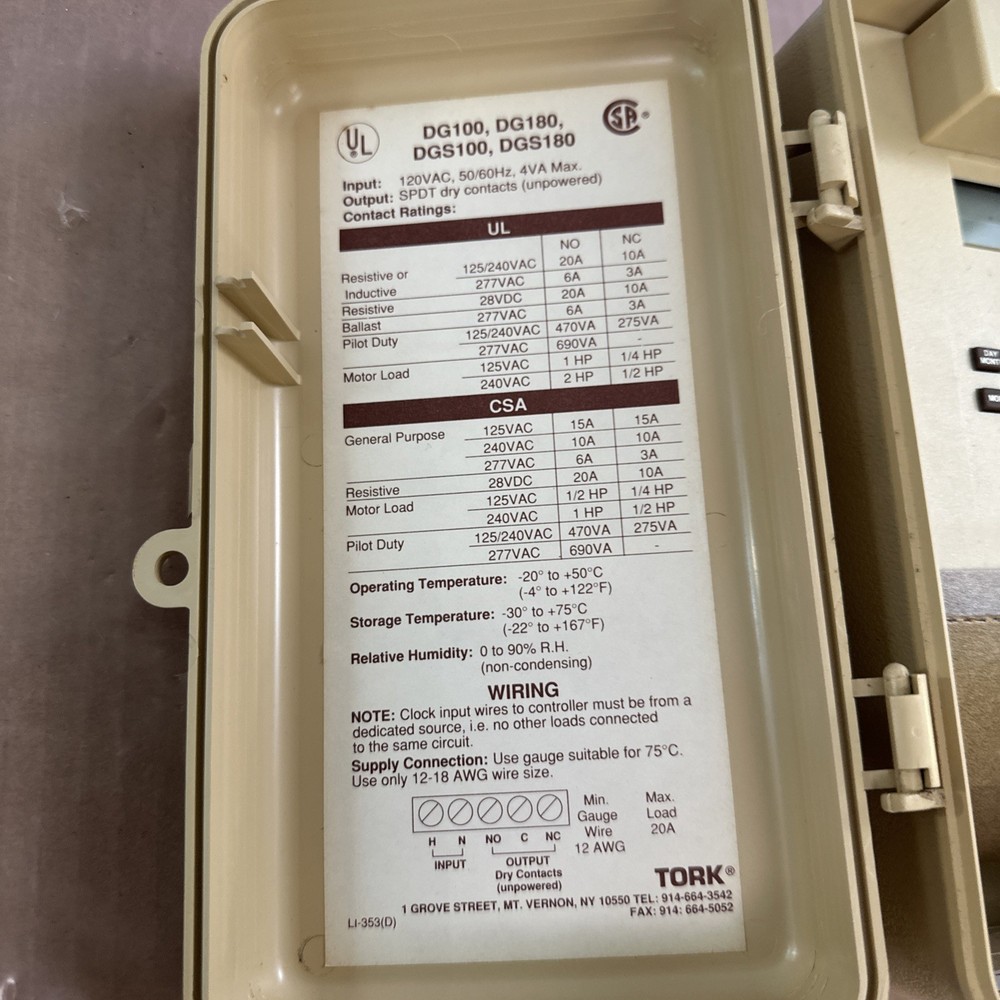 Tork DG100 One Channel Time Switch Control 7 Day Scheduling Timer New Open Box