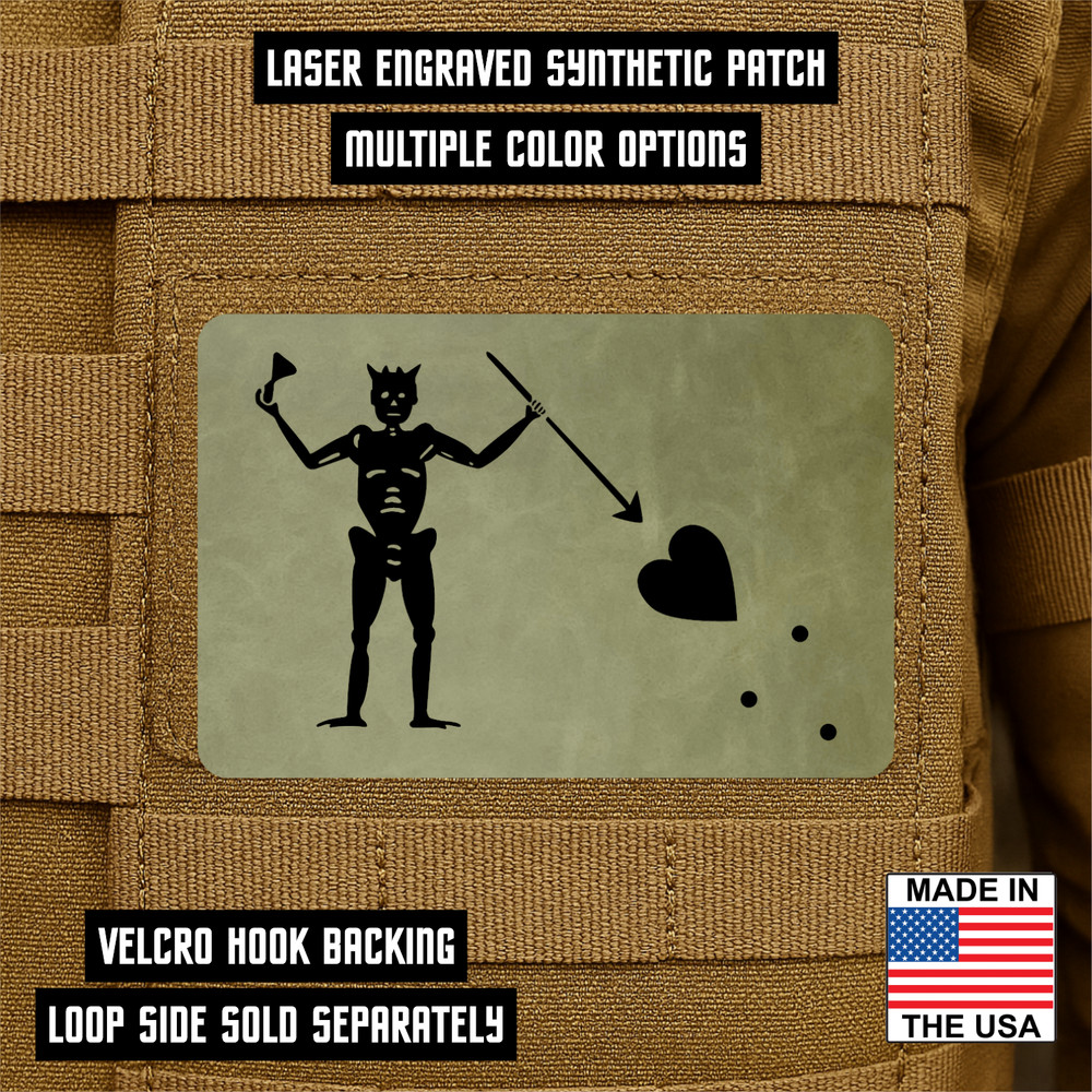 Edward Teach Blackbeard Engraved Flag Patch, 2" x 3" Tactical Pirate Hook & Loop
