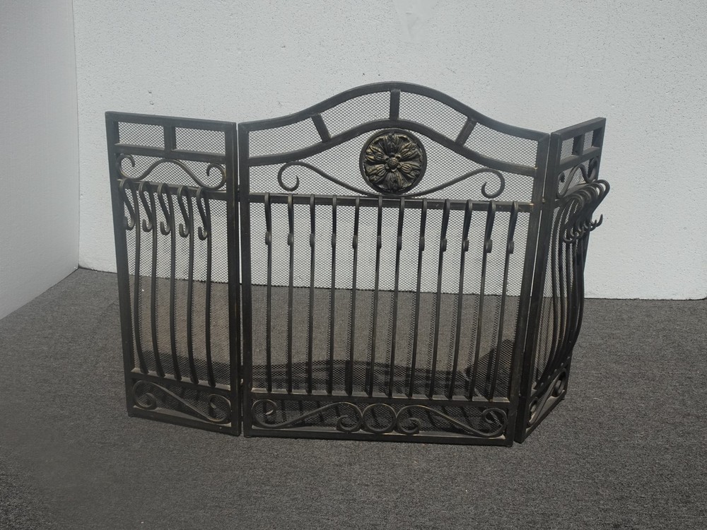 Vintage Spanish Style Black Iron Three Panel Fireplace Screen