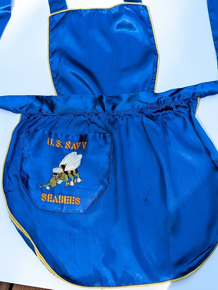 Vintage WW II US Navy Seabees Embroidered Blue Silk Apron USN