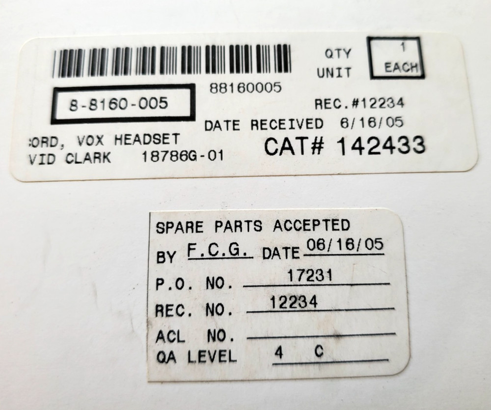 David Clark VEC-70 Vox Headset Cord 18786G-01