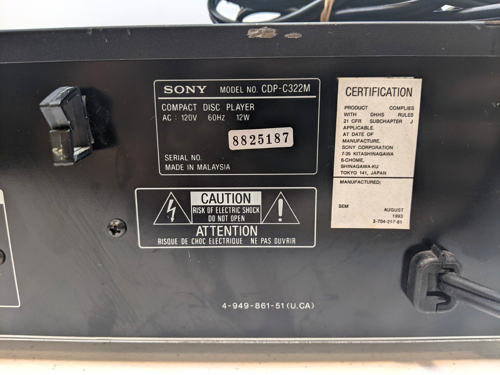 Sony CDP-C322M 5 Disc Carousel CD Player Deck High Density Linear No Remote