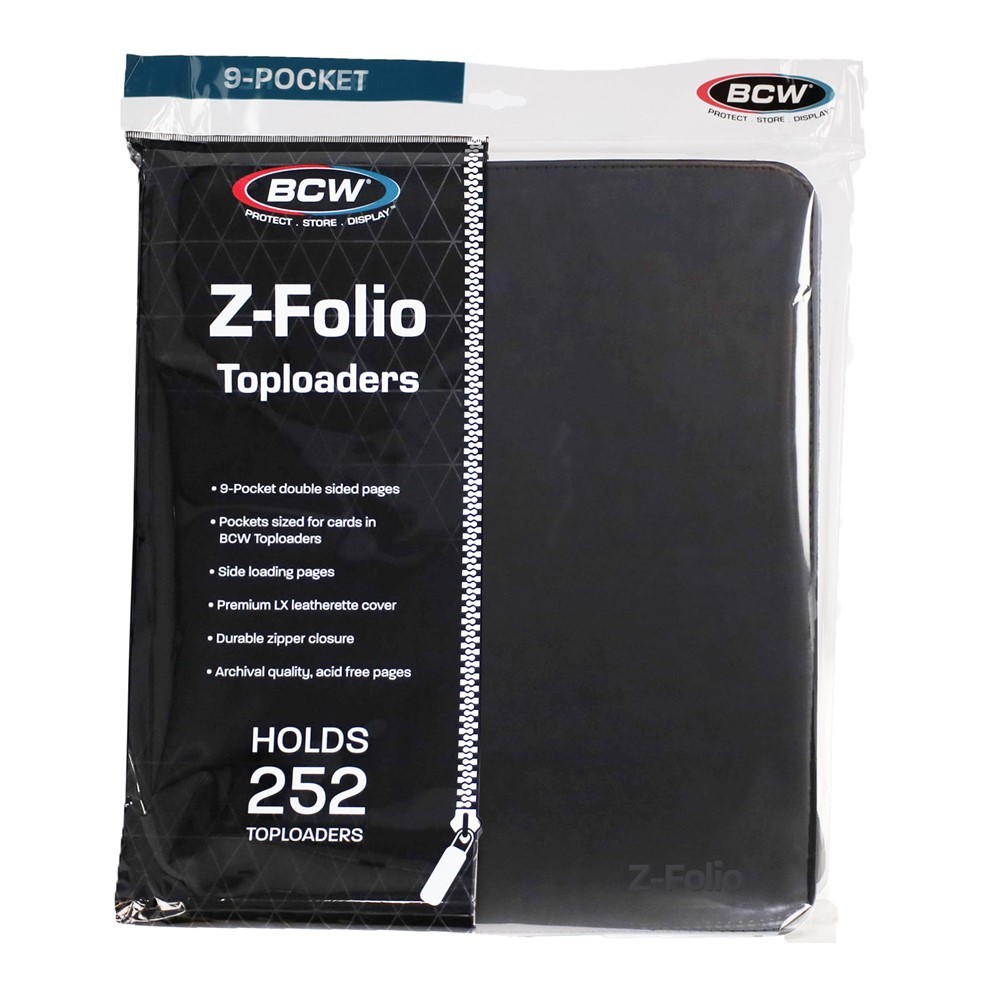 BCW Z-Folio 9 Pocket Card Toploader Black LX Leatherette Zippered Storage Album