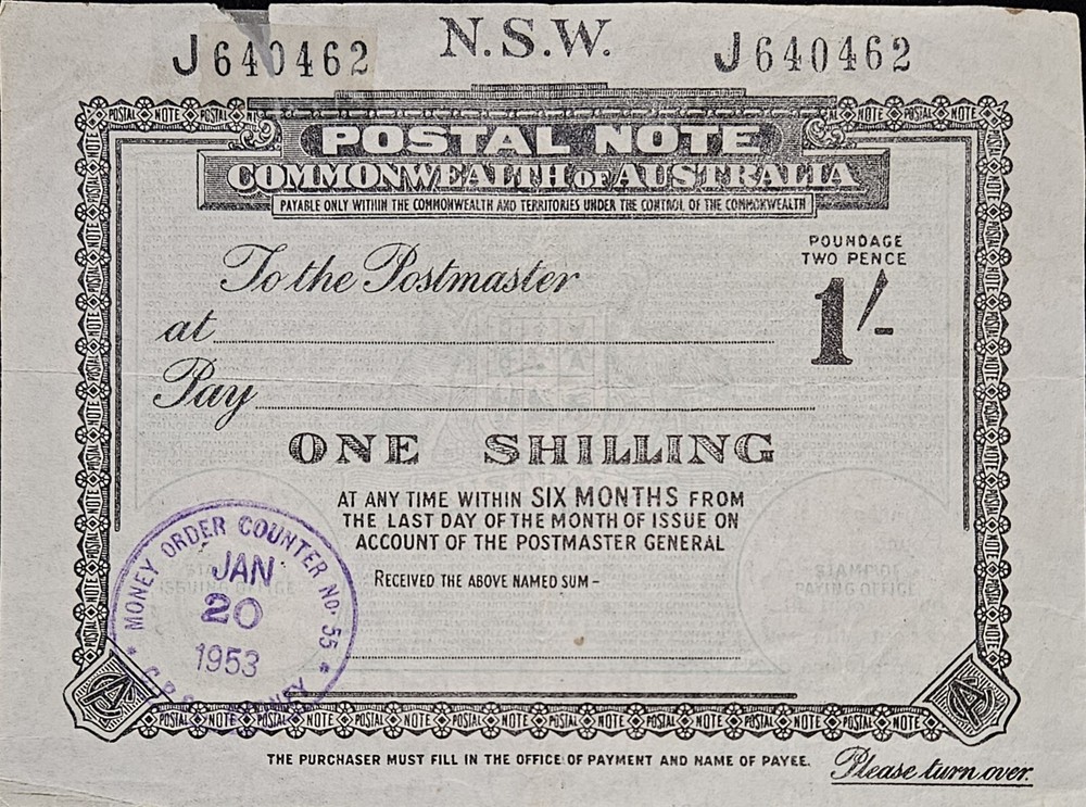 1953 Australian Postal Note One Shilling N.S.W.