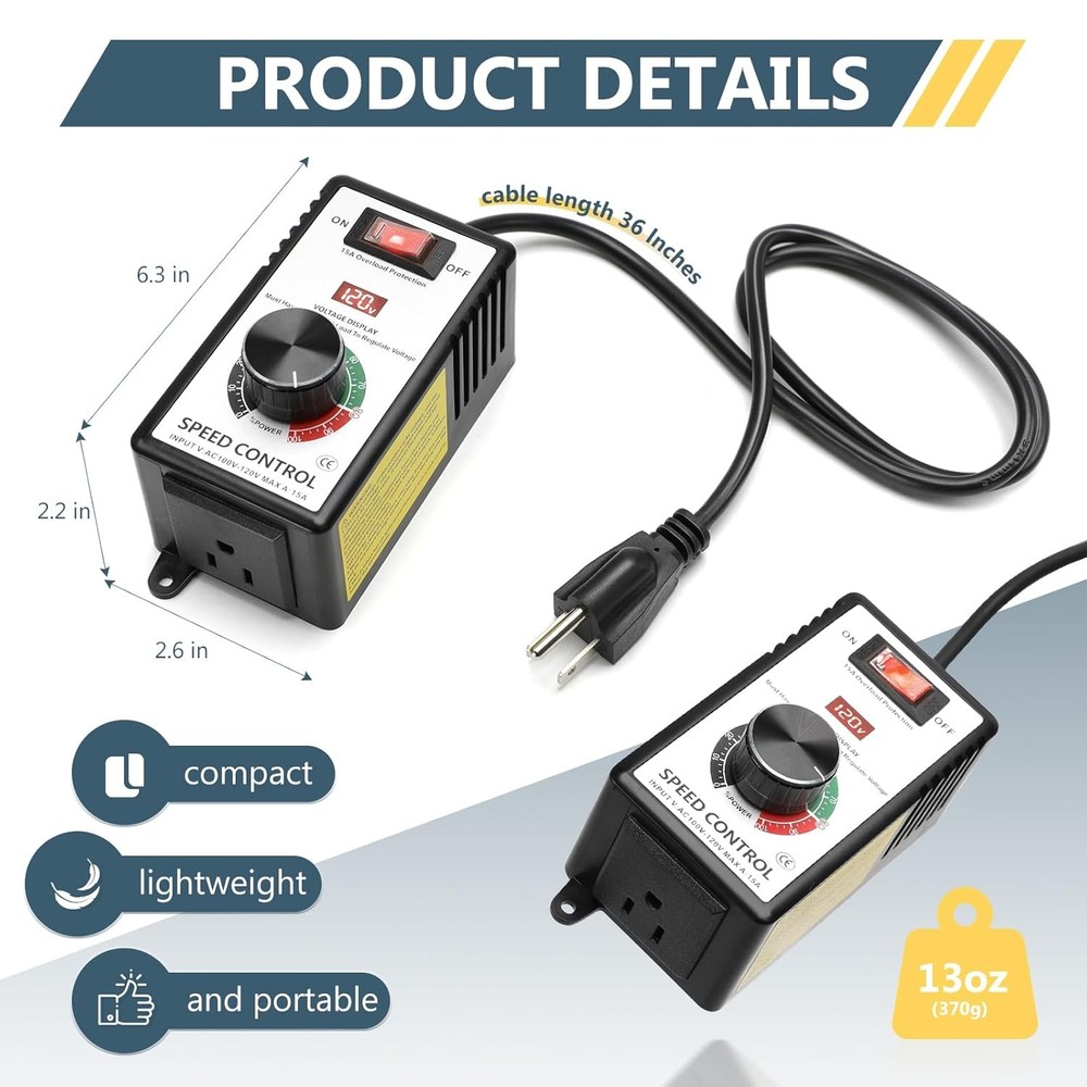 AC Motor Speed Controller 100V-120V 15A Max Variable Fan Speed Controller, Elect