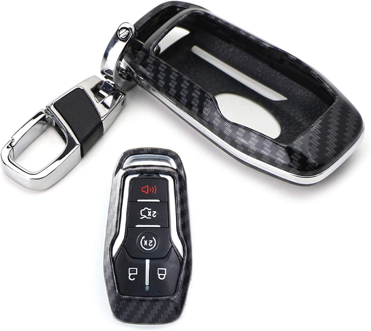 Black Glossy "Carbon Fiber" Pattern Key Fob Shell w/ Keychain For Ford Lincoln
