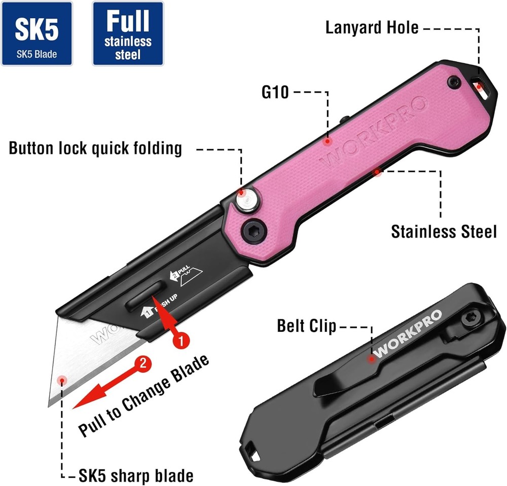 WORKPRO Folding Utility Knife Quick Change Blade Box Cutter Quick Open Axis Lock