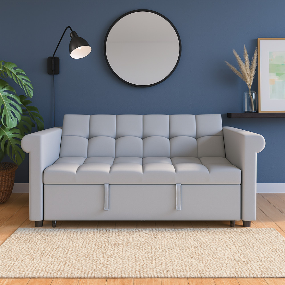 Velvet 2-Seater Sofa Bed, Gray Pull-Out Sleeper with Side Pocket, Compact