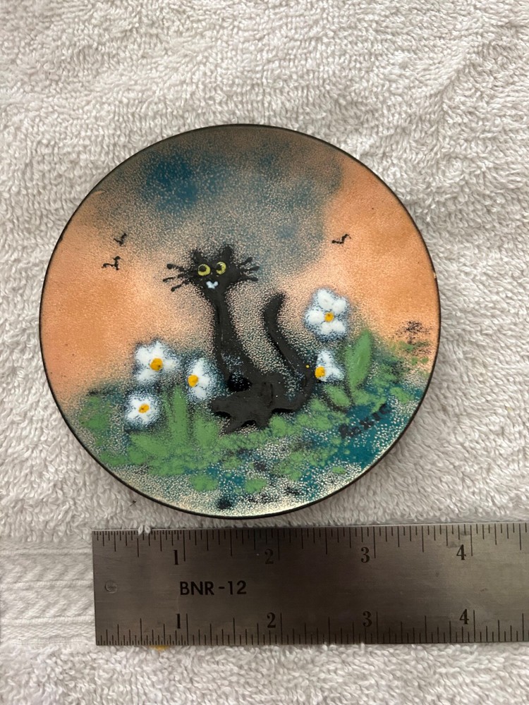 Vintage Cat Kitty Enamel Copper Plate