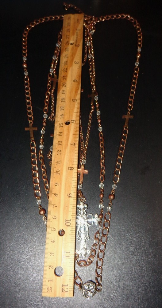 RELIGIOUS COPPER? MULTICHAIN CRYSTALS ORNATE CROSS PENDANT STATEMENT NECKLACE