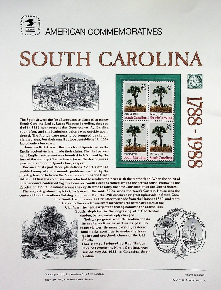USPS Commemorative Stamp Panel 1988 #309 South Carolina 1788–1988 #2343