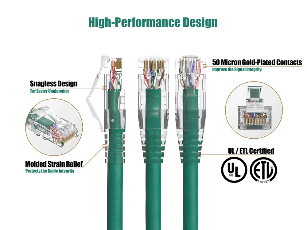 14ft Cat6 Ethernet Patch Cable with Clear Boot, UTP, Pure Bare Copper, Green