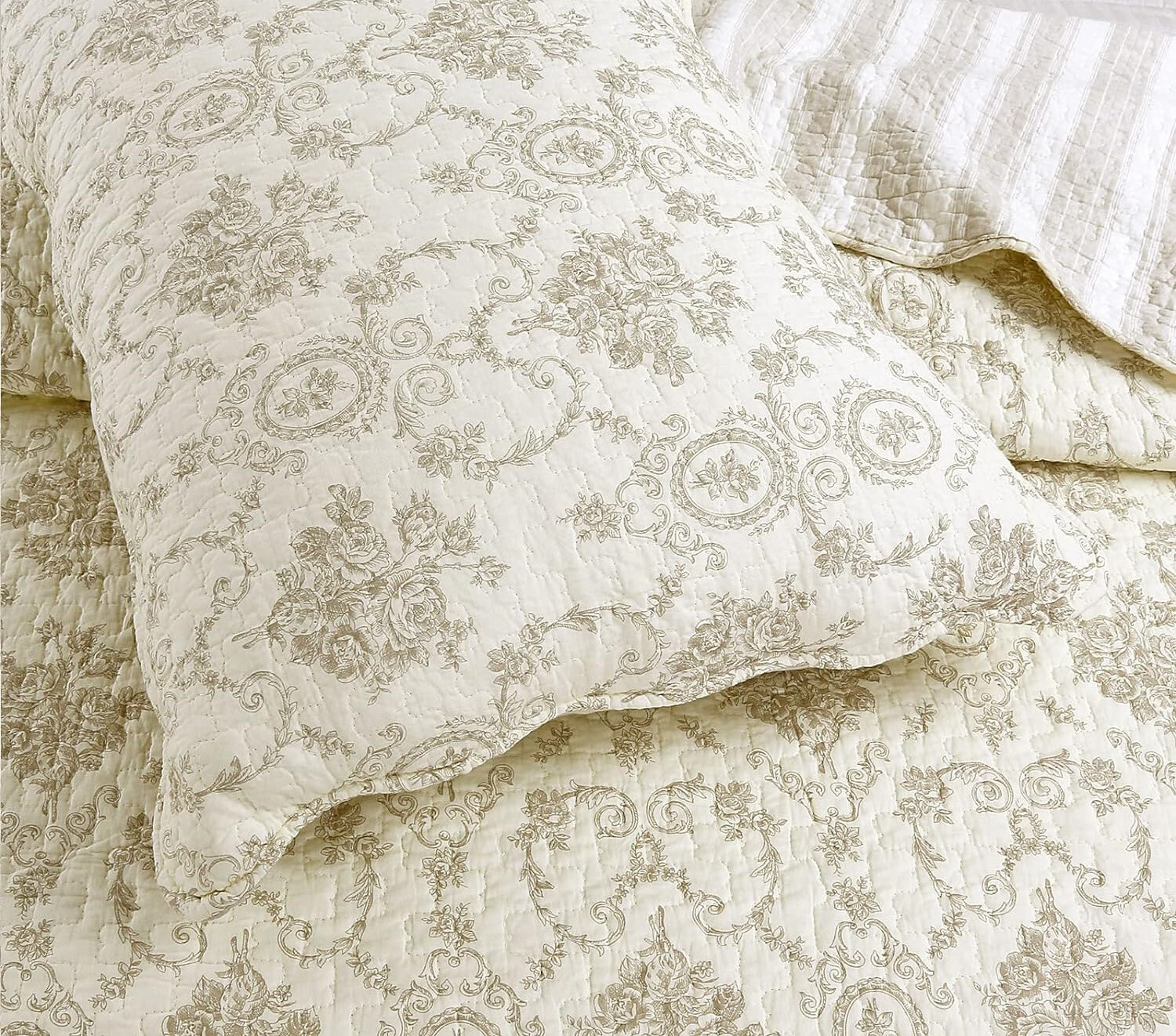 FRENCH IVORY MEDALLION 3p King QUILT SET: COZY COTTON TOILE STRIPE SHABBY FLORAL