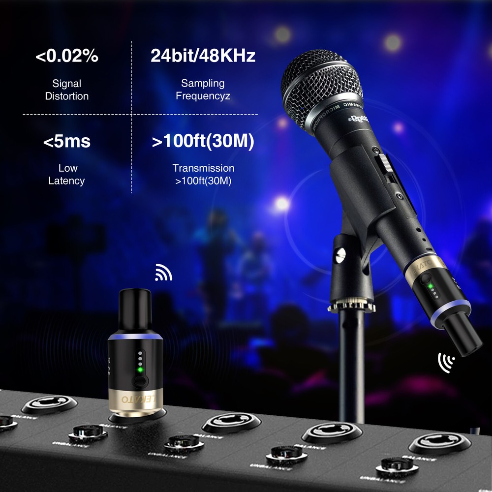 LEKATO 5.8G Wireless Microphone System Mic Transmitter Receiver Plug On XLR 100'