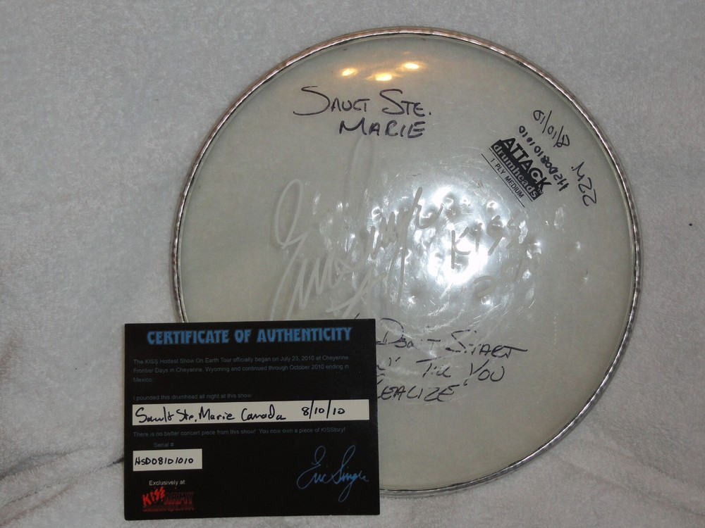 KISS ERIC SINGER Signed DRUM HEAD H.S.O.E TOUR Stage Played W/COA