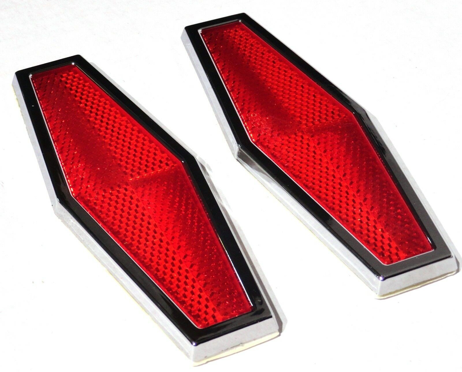 Red Hexagon Reflectors 1-3/4" x 5-1/2 Acrylic Lens Chrome Trim Stick-On GG#80864