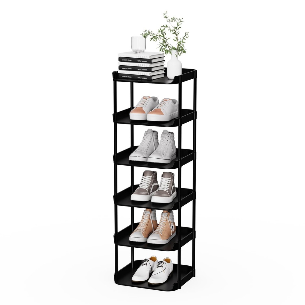 6 Tier Vertical Narrow Shoe Rack, Stackable Tall Skinny Shoerack, Compact Sin...