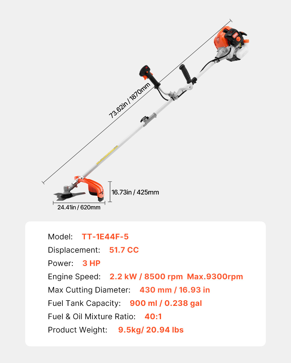 VEVOR Cordless String Trimmer 16.9" 51.7CC Gas Powered Grass Trimmer