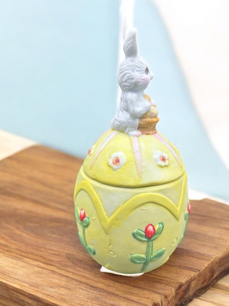Vintage Porcelain Easter Bunny Easter Egg Shape Covered Box Dish Trinket Dish