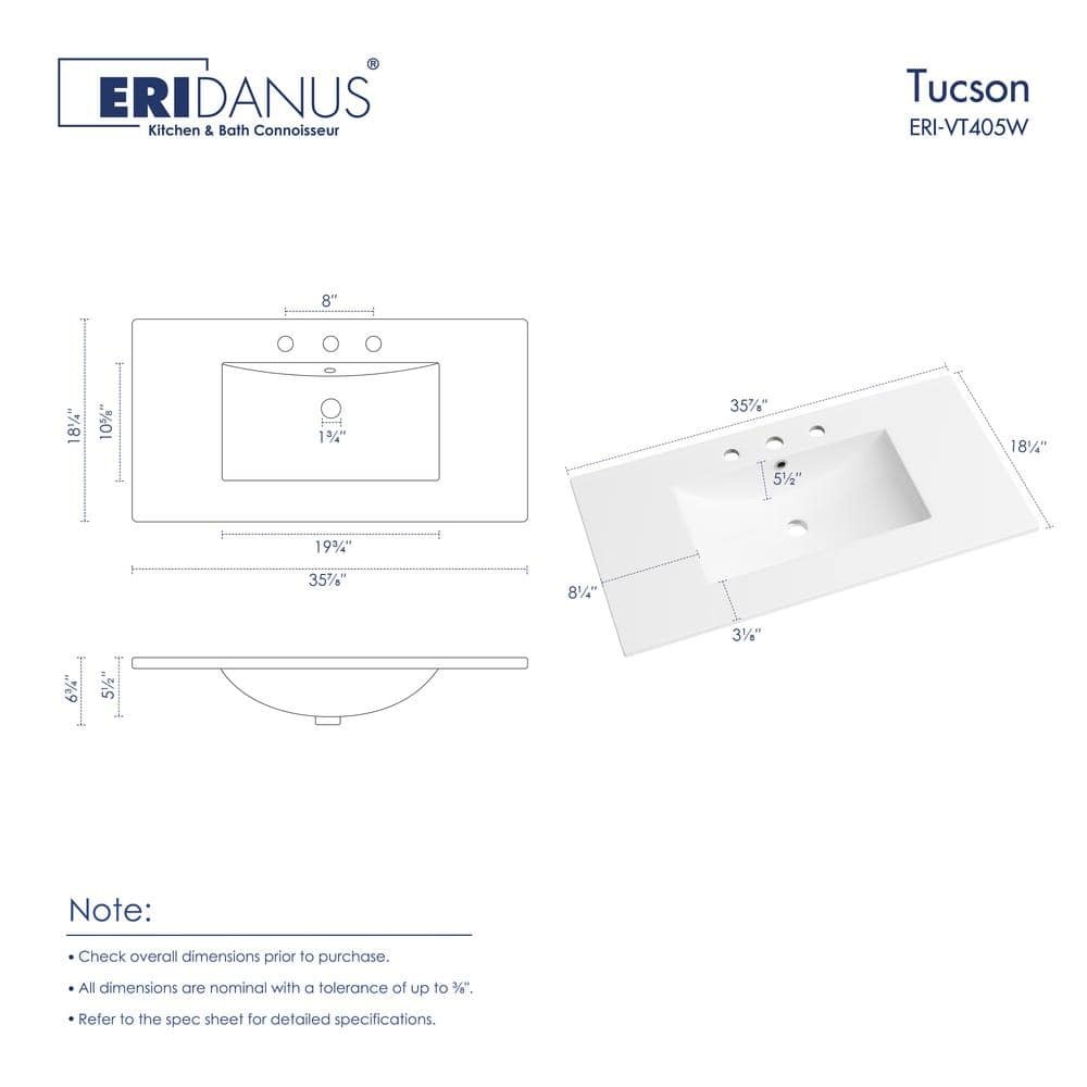 Eridanus Tucson 36"x18" Vitreous China Vanity Top White Single Sink 3-Hole 8"