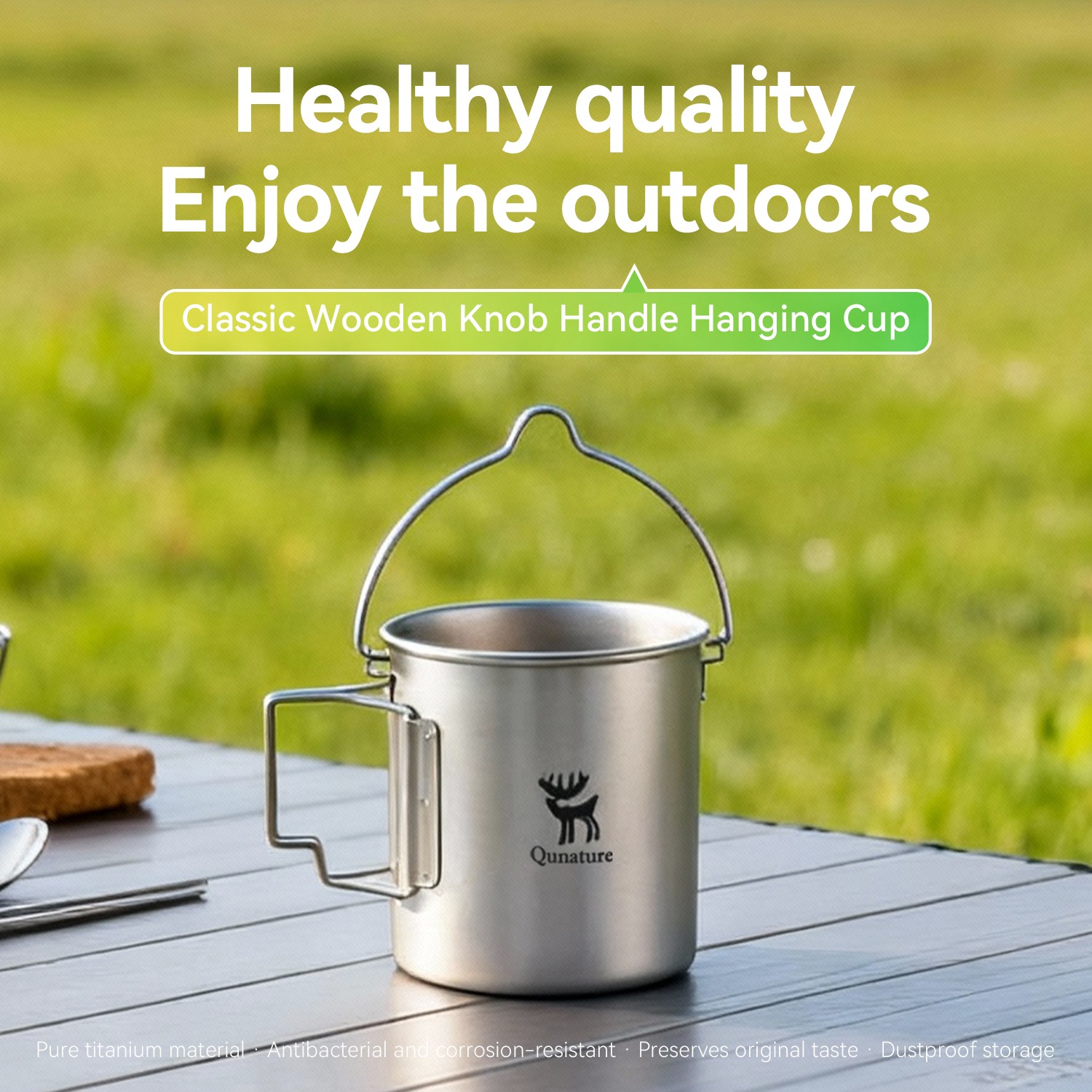 Qunature Titanium Mugs 750ml Camping Pot with Folding Lid & Handle Ultralight