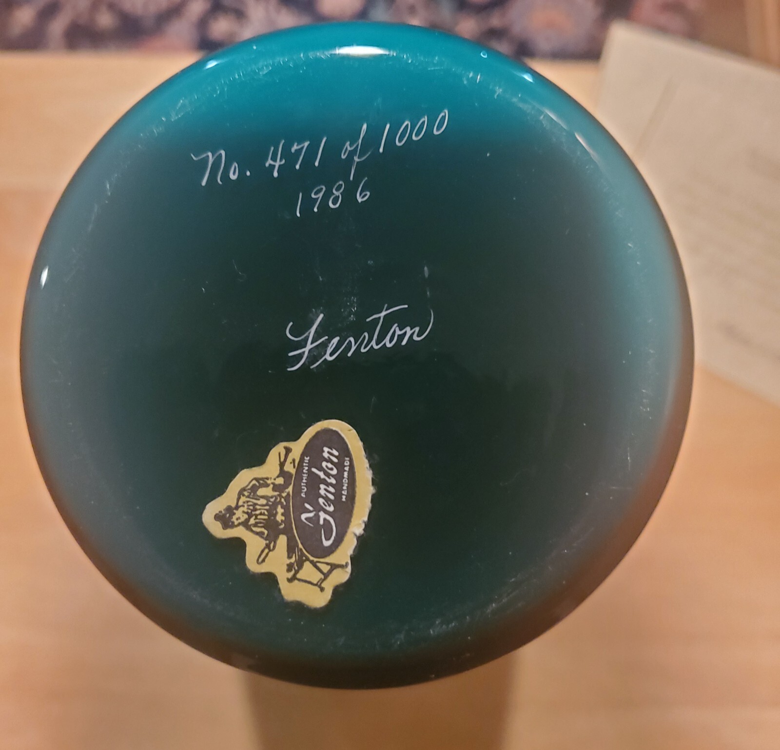 Fenton 1986 Sand carved Teal Vase Connoisseur Collection "Danielle"