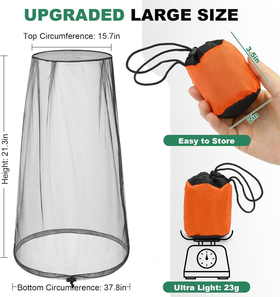 2Pc Mosquito Head Net Drawstring Bug Face Net Large Breathable Outdoor Hood