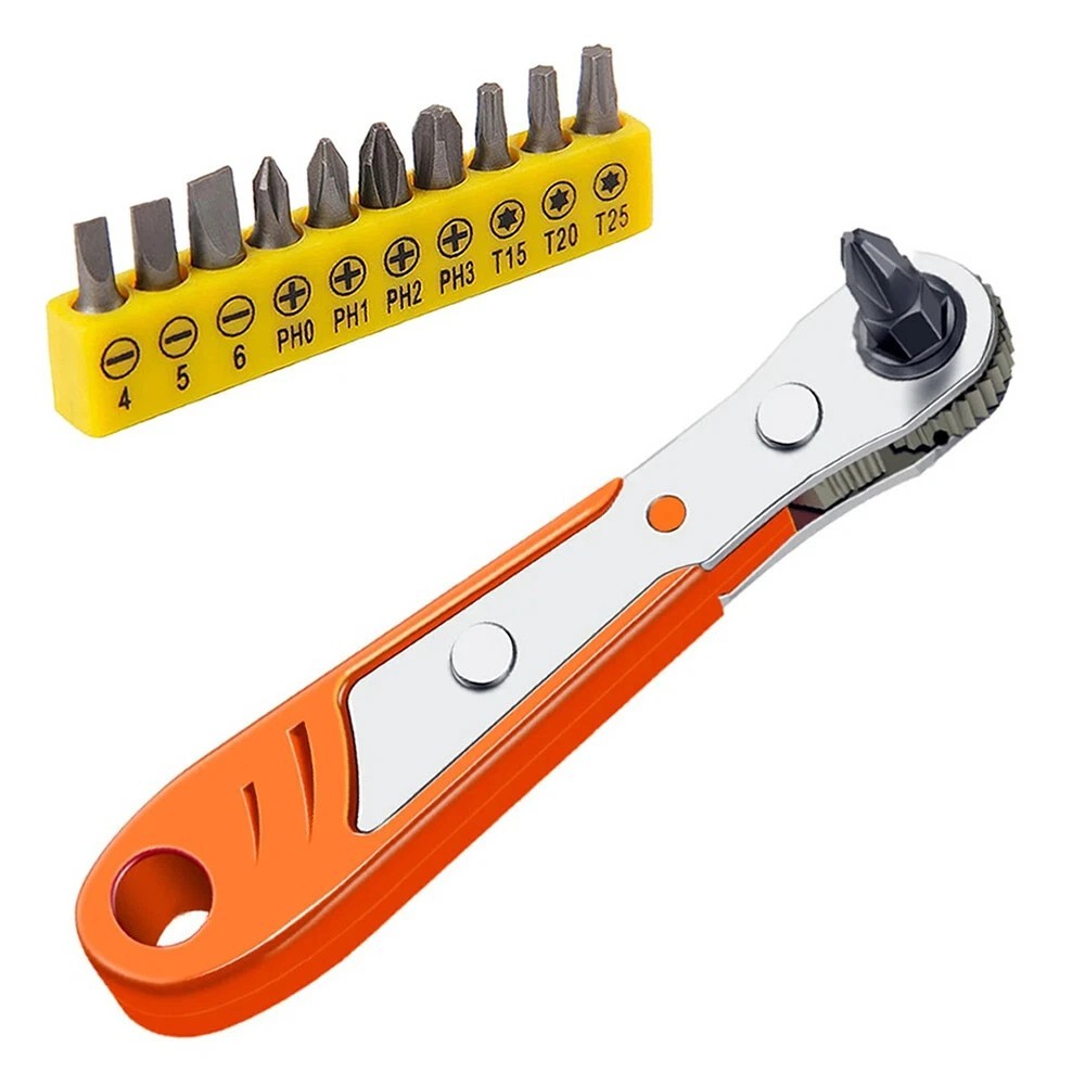 90 Degree Right Angle Ratcheting Screwdriver Set with 10pcs Hex Drive Bits