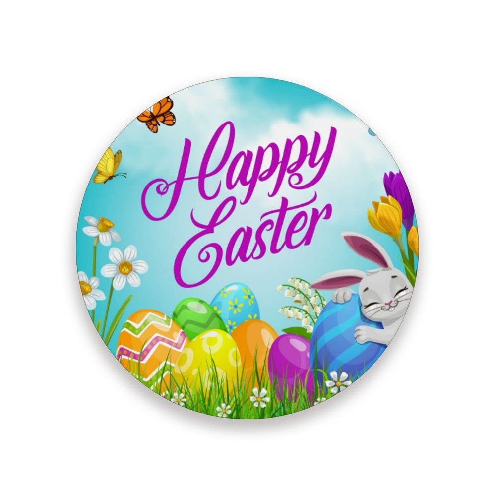 Happy Easter Eggs Drink Coaster with Cork Base, Round Moisture Absorbent Coas...