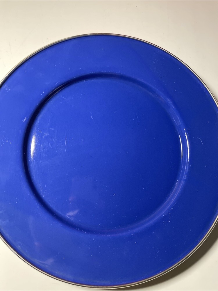 blue enamelware Plates With Silver Trim