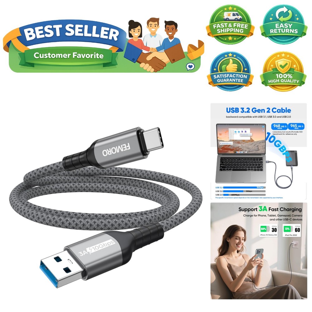 USB C Data Cable 3ft, USB 3.2 Gen 2 10Gbps High Speed Data Transfer, 3A Fast ...